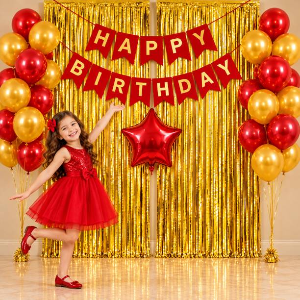 Decorateka Solid 20 Red Gold Balloons, Happy Birthday Banner, Red Star, Gold Foil Balloon