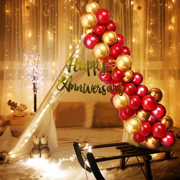 Balloon&You Solid Happy Anniversary Decoration With White Net Curtain & Led Light For Husband Wife Balloon