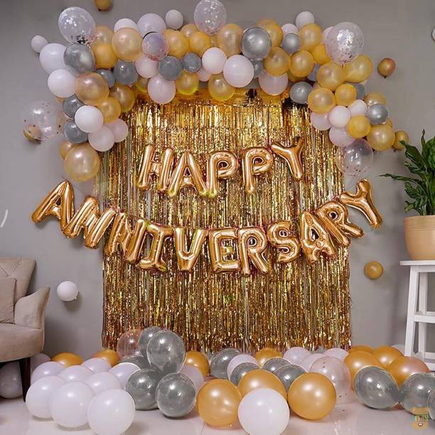 PRIMERISE Printed Set of 63Pcs 15White 15Silver 15Gold Metallic Balloons 16Gold Happy Anniversary Balloon