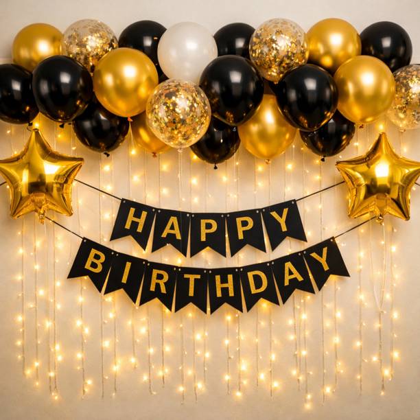celebrix Solid Black Gold Birthday Decoration Kit, Balloons, Banner, Lights Decor Set Balloon