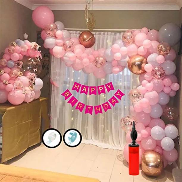 krido Solid 54 Pc Birthday Decoration Kit– Pink Gray Pastel Balloon with Birthday Banner Balloon