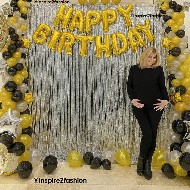 Inispire2Fashion Solid Happy Birthday decoration (36 combo pak) Happy Birthday Golden foil banner balloons (13 foil latter 1 pak) / 2 Pcs silver Metallic Fringe Shiny Curtains /21 Pcs latex Metallic balloons for decoration.(pak of 36) Letter Balloon