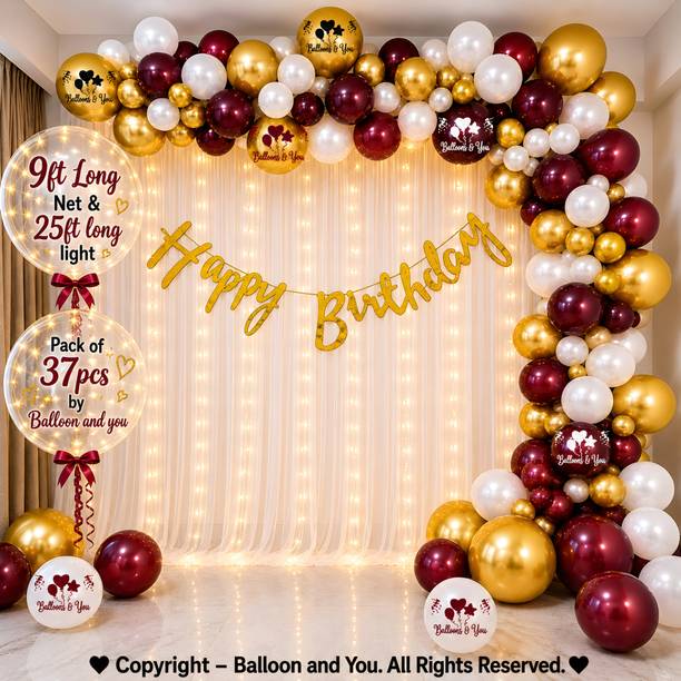 Balloon and you Solid Maroon White Gold Birthday Decoration Kit with LED Light & Net Curtain Balloon
