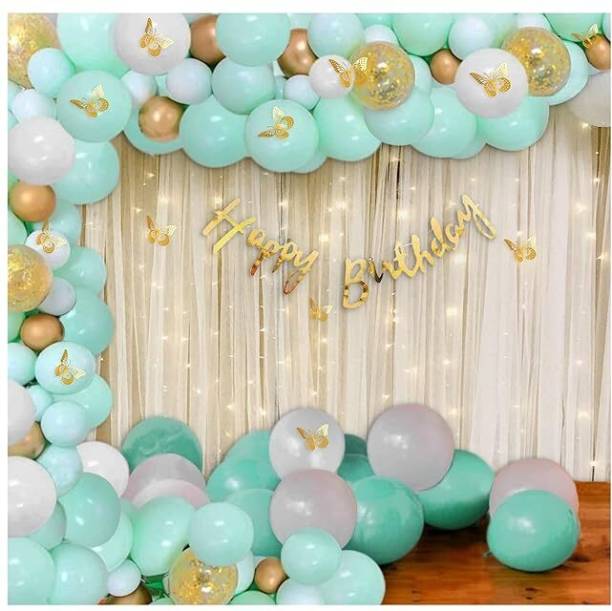 PARTY MIDLINKERZ Solid Green butterfly theme Birthday party decorations items Combo Kit White Curtain Balloon