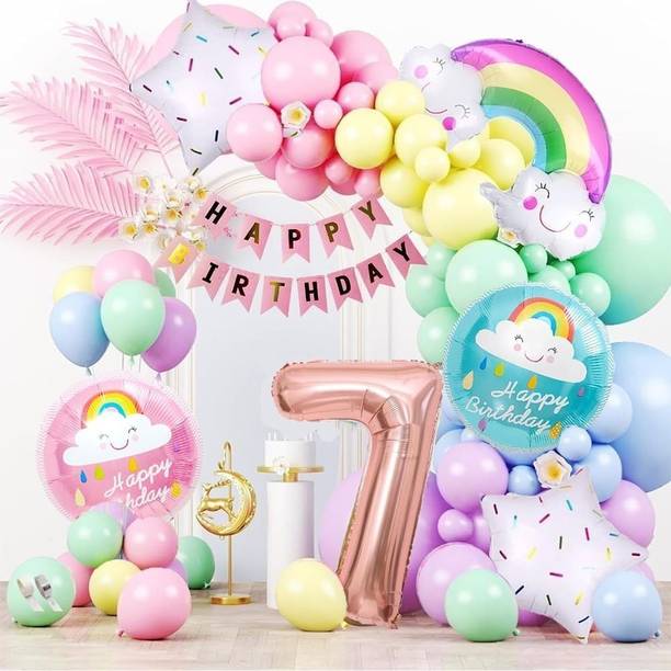 PopTheParty Printed Rainbow Cloud Theme Seventh Birthday Combo Pastel Balloons Decoration Kit Balloon Bouquet