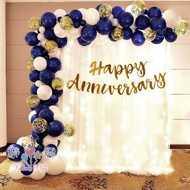 बैलून एंड यू सॉलिड Happy Anniversary Decoration With White Net Curtain & Led Light For Husband Wife गुब्बारा