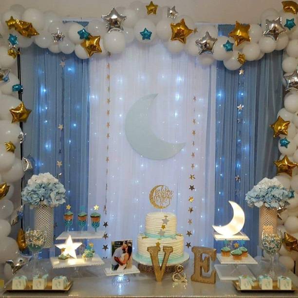 LAZYBEEE Solid Party Decoration, Net Backdrop, Led light (Star and Moon foil balloons) Balloon