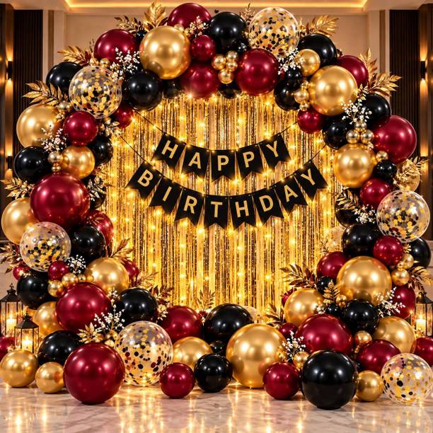 tigorik Solid Happy Birthday Banner Golden Fringe Curtains Black Gold Burgundy Balloons Set 46 Balloon