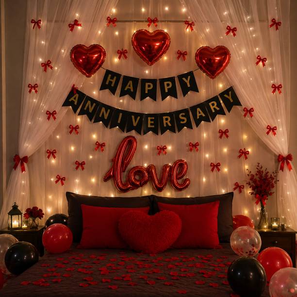 JAANKI DECORATIONS Printed Happy Anniversary romantic decoration combo Balloon Bouquet