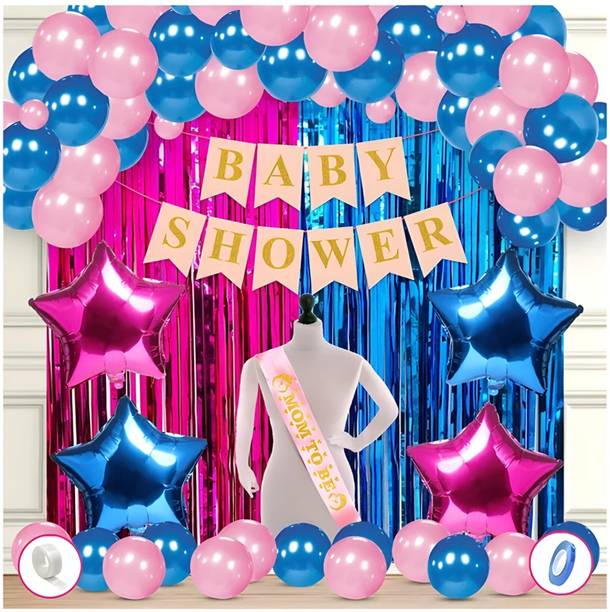 ZAMBOOREE Printed Baby Shower Decorations Combo - Banner Balloons Star Balloon Foil Curtain Ribbon Balloon