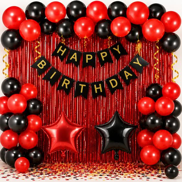 LYKEKART Happy Birthday Decoration Kit Red & Black with Black & Red Star Balloon