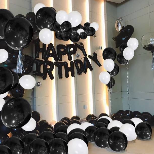 Giftzadda Solid Happy Birthday Black White Balloon Decoration Kit for Husband Wife Boys Girls Balloon Bouquet