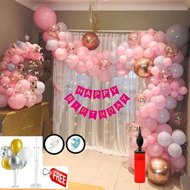krido Solid 54 Pc Birthday Decoration Kit– Pink Gray Pastel Balloon with Birthday Banner Balloon