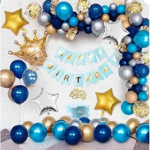 PARTY BREEZE Solid Golden and blue Happy Birthday Decoration Combo Kit with Banner, Balloons,crown foil 51pcs for Birthday Decoration Boys,Girl,Husband, Wife, Girl Friend, Adult. (blue 51pcs) (Set of 51 Balloon
