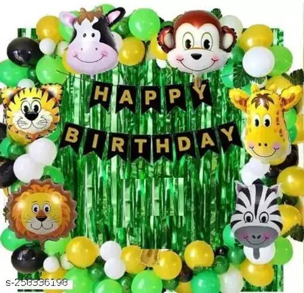 Stylin Solid Happy Birthday with Jungle Theme For Party Decoration Combo Kit Letter Balloon