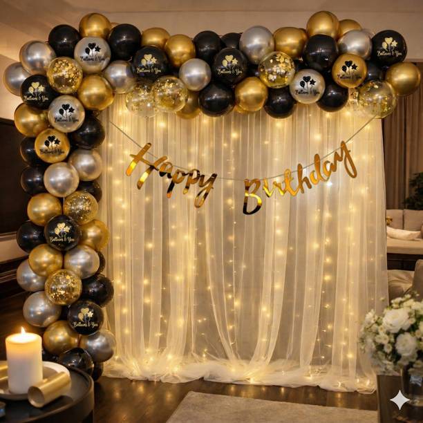 Balloon and you Solid Gold, Black & Silver Birthday Decoration Kit with White Net & LED Lights Balloon