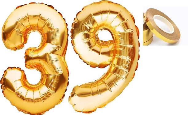 PARTY MIDLINKERZ Solid Golden '39' number Numerical Foil Balloon with Ribbon for Celebration (Gold, Pack of 3)