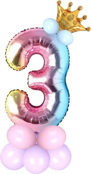 Party Bird Solid Birthday/Anniversary Decoration Pastel Balloons,Crown,3 Number Foil Balloons Set Balloon