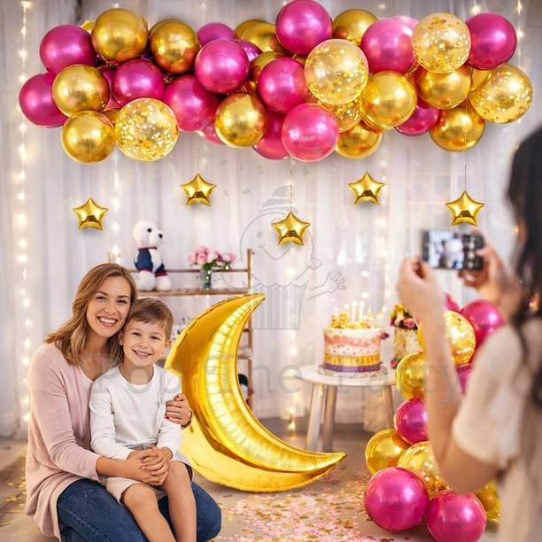 PopTheParty Solid Dark Pink Gold Balloon Kit with Moon & Star Foil Balloon