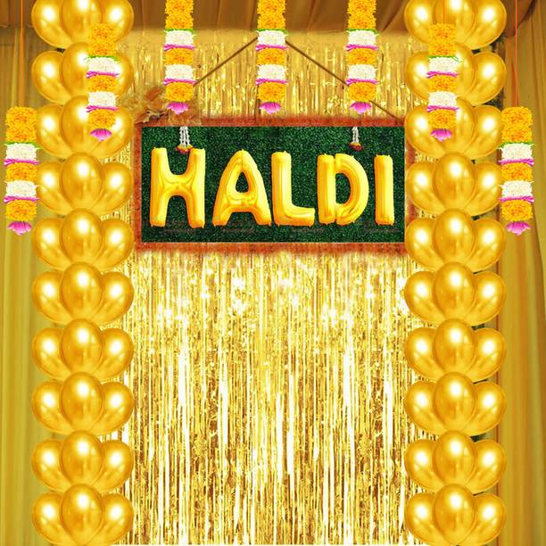 LOONS PEDDLER Solid Haldi Foil Balloon, Gold Fringe Curtains Haldi Decoration Set for Wedding/Girls Balloon