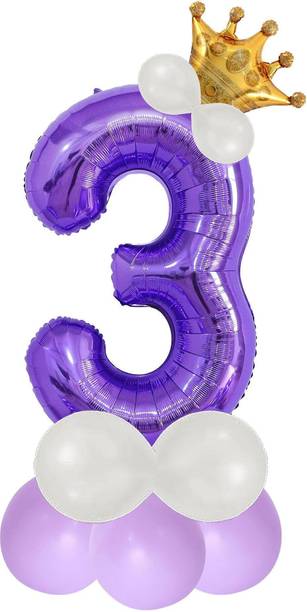 Party Bird Solid Purple Number 3 Foil Balloon with Crown 32 Inch 3rd Birthday Decoration Balloon