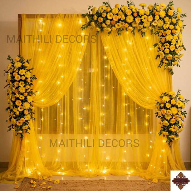 Maithili decors Printed Yellow net backdrop curtain for Haldi I ganesh chaturthi and pooja combo kit Balloon
