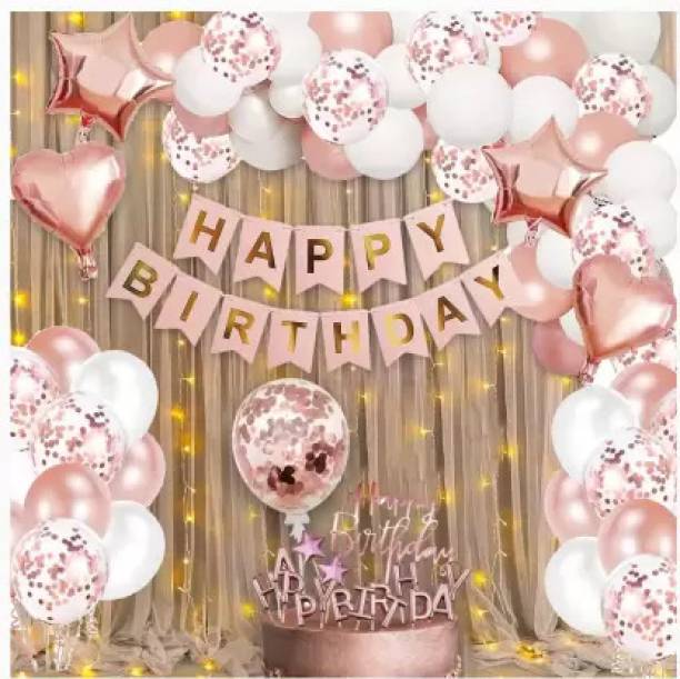 PARTY MIDLINKERZ Solid Girl Pink Rosegold Birthday Kit with White Net Curtain Cloth & LED Lights 52 Pcs Balloon