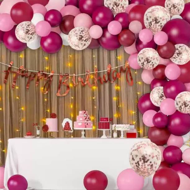 PARTY MIDLINKERZ Solid Burgundy Pink Balloons girl birthday decoration kit, Light with Confetti 59 Pcs Balloon