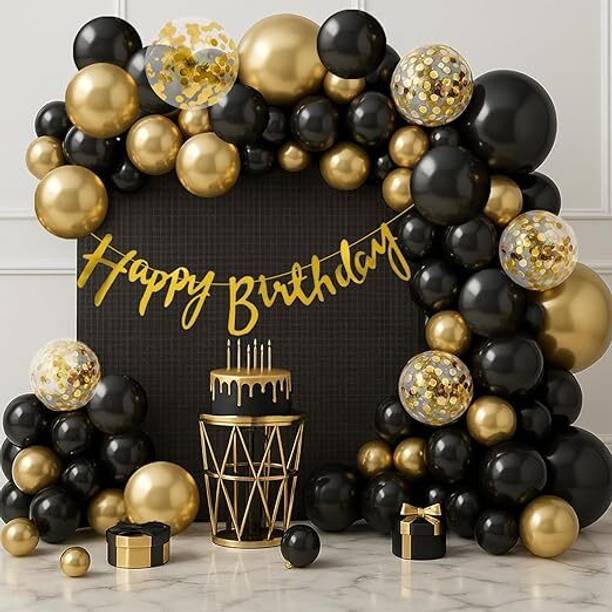 Flying Hub Black and Golden Balloons Birthday Decoration Kit - 37Pcs