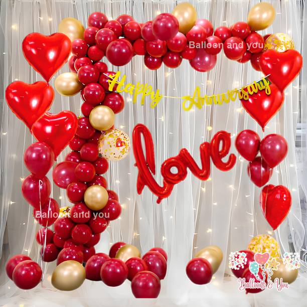 Balloon&You Solid Surprise Happy Anniversary Decoration With White Net Curtain For Husband Wife Balloon