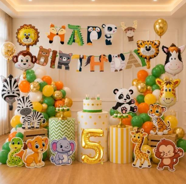 groovy dudz Jungle Theme Birthday Decoration Combo Kit for Kids 5th Birthday Party