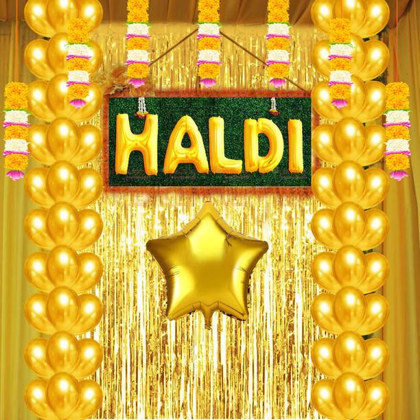 LOONS PEDDLER Solid Golden Yellow Balloons, Haldi Foil, Star Foil, Haldi Decoration Set for Wedding Balloon