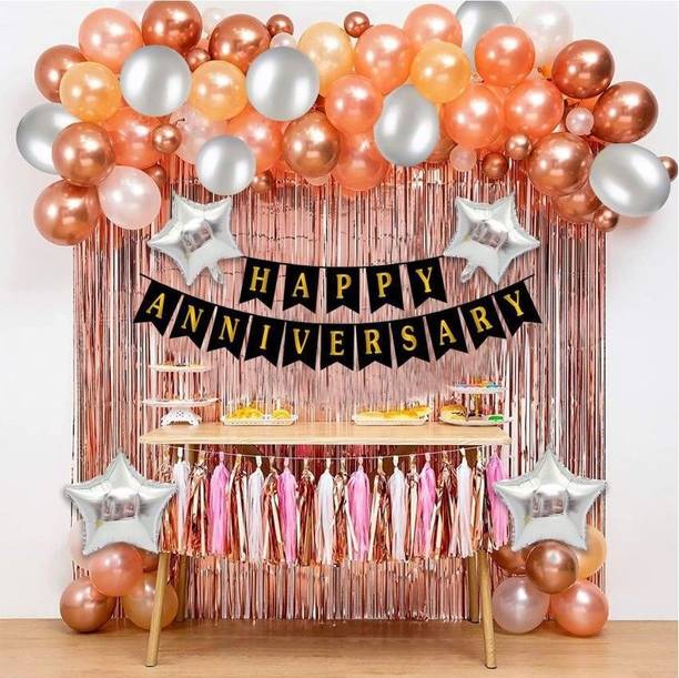 Prihit Solid Rose gold & Silver Anniversary Balloon decoration kit with star & Curtain Balloon
