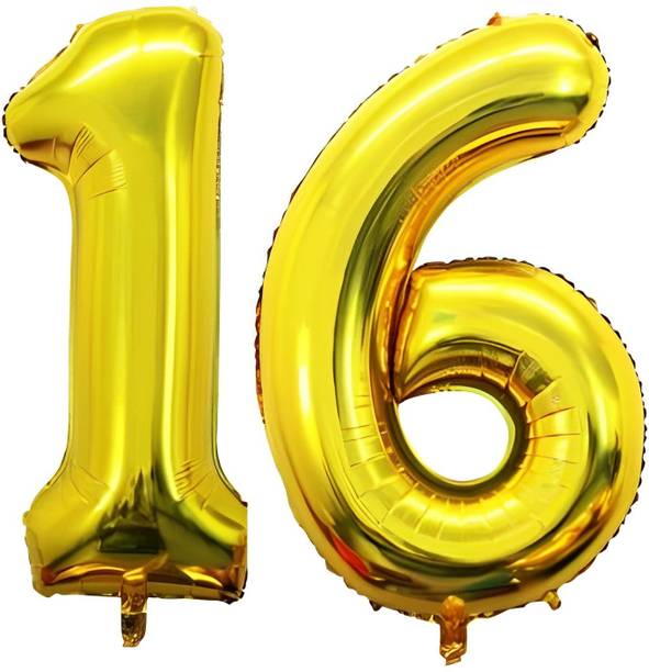 Kapoor stores Solid 16 inch Birthday Foil 16 Number Helium Balloon Party Decoration Golden Pack of 2 Balloon