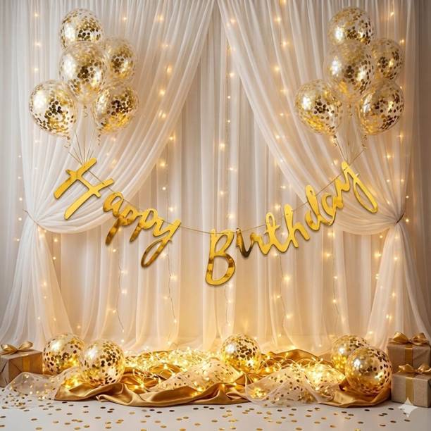 Mooke Solid Golden Theme HBD Kit-1Banner,15GoldConfetti,1LedLight,2Curtains. Bal