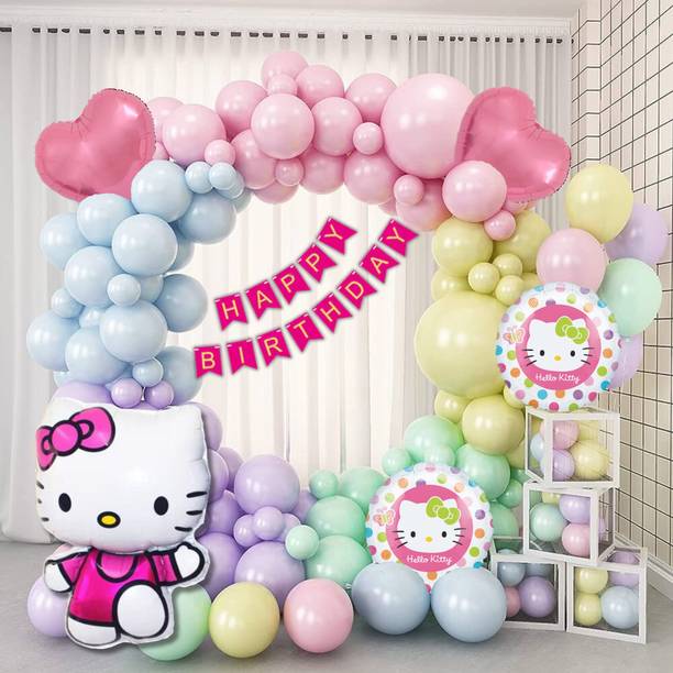 1iAM Solid Hello kitty Multi Colour Decoration Combo with Yellow, Pink, Mint, Blue, Purple Balloon