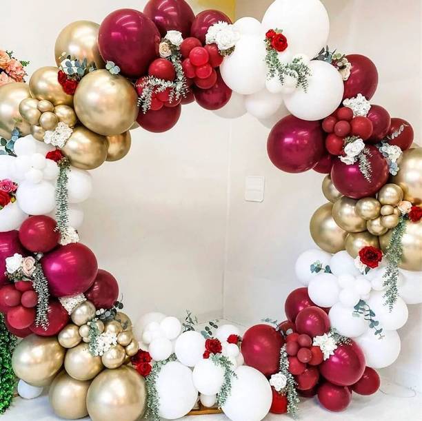 Bash N Splash Solid Premium Quality Retro Red with golden Metallic & White 50 pcs Balloon