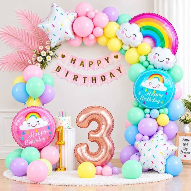 PopTheParty Printed Rainbow Cloud Theme Third Birthday Pastel Balloons Decoration Kit For Baby Balloon