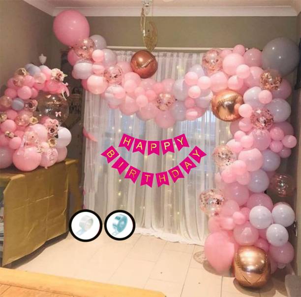 BUC Solid 47 Pc Birthday Decoration Kit Pink And Gold Chrome Balloons With Banner Room Balloon