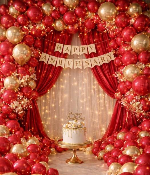 ballooooify Solid Royal Red & Gold Luxury Balloon Arch Decoration Kit With LED Curtain Balloon