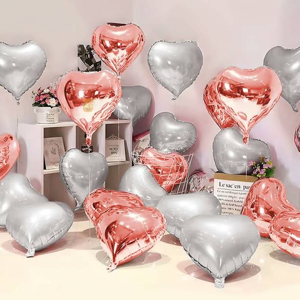 ZAMBOOREE Printed Heart Shape Foil Balloon Pack Of 20 (Rose Gold-Silver) Balloon