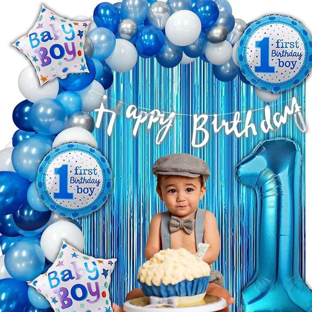 PARTY MIDLINKERZ Solid 1st Happy Birthday Decoration boy kit for boys, baby boy 5pcs set Balloons Balloon