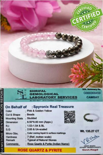SPYRONIX REAL TREASURE Pyrite, Stone, Rose Quartz Crystal Bracelet