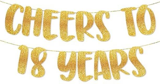 TrifleArte Cheers to 18 Year Banner | 18th Birthday Party Golden Glitter Banner | PreStrung Banner