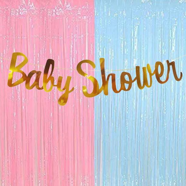 Yey Baby Shower Props and Decoration Combo Set (3 pcs) Baby Shower Golden Banner + Pink and Blue Fringe Curtain for Baby Shower Party and Godh Bharai Decoration Banner