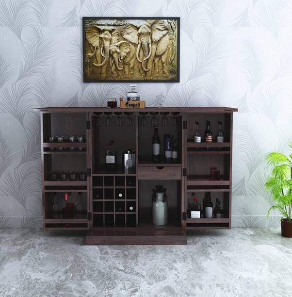 Ganpati Arts Solid Wood Bar Cabinet For Wine Storage with Rack & Drawer With Glasses Holder Solid Wood Bar Cabinet