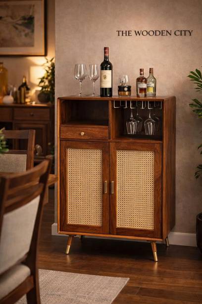 THE WOODEN CITY Rattan Cane Bar Cabinet with Glass Holder Storage Solid Wood Bar Cabinet