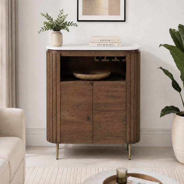 THE ATTIC The Attic Carlston Bar Cabinet, Drinks Bar Storage Cabinet, Honey Finish Stone Bar Cabinet