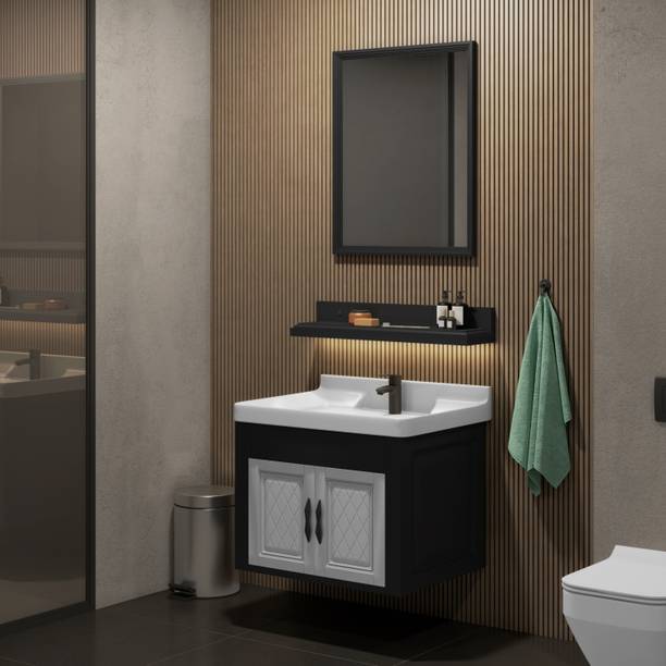 WASSMIST Bathroom Vanity Cabinet with Wash Basin, Mirror & Shelf (Black & Grey) Counter Top