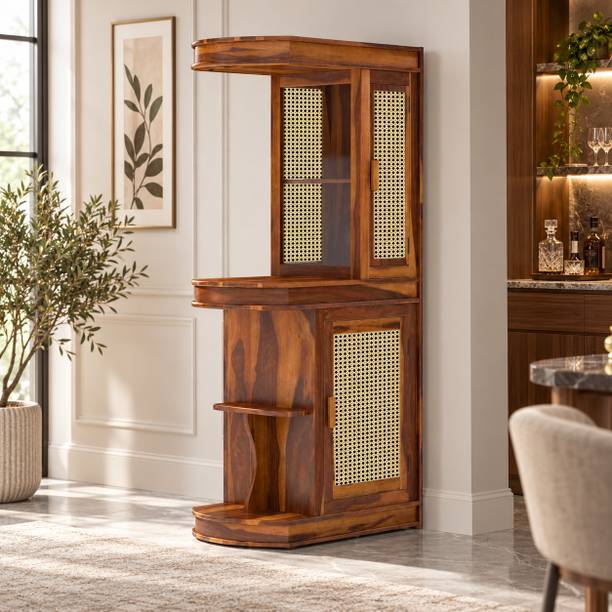 THE ATTIC The Attic Jaigarh Bar Cabinet|Round Bar for Home |Honey Finish Solid Wood Bar Cabinet